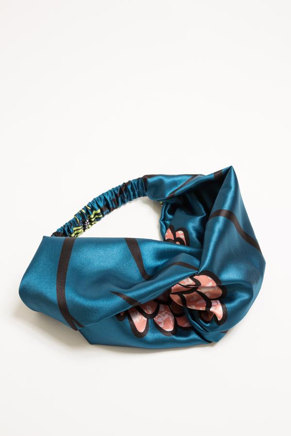 Silk Turban Style Headband - Blue Peach Floral - Image 3